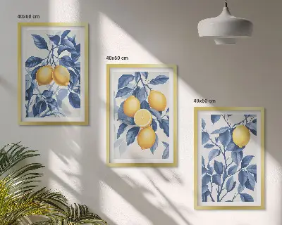 Set de 3 cuadros para salón con diseño de ramas de limón y hojas azules