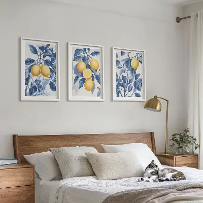 Set de 3 cuadros para salón con diseño de ramas de limón y hojas azules