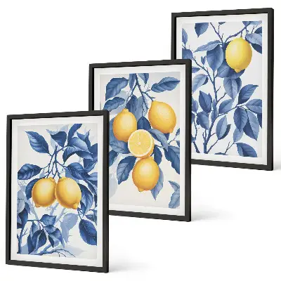 Set de 3 cuadros para salón con diseño de ramas de limón y hojas azules