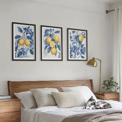 Set de 3 cuadros para salón con diseño de ramas de limón y hojas azules