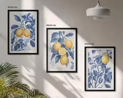 Set de 3 cuadros para salón con diseño de ramas de limón y hojas azules