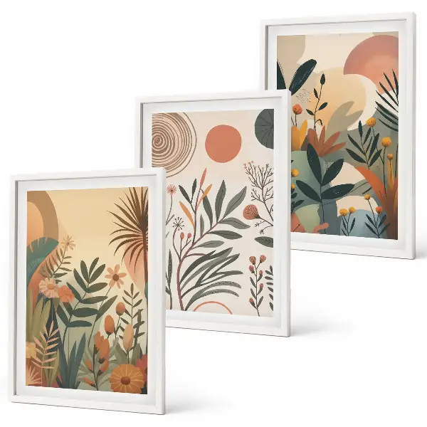 Juego de 3 cuadros con motivos vegetales en colores apagados