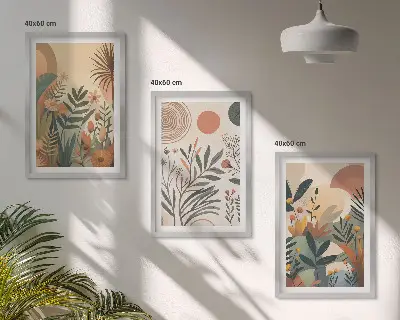 Juego de 3 cuadros con motivos vegetales en colores apagados