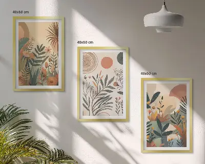 Juego de 3 cuadros con motivos vegetales en colores apagados