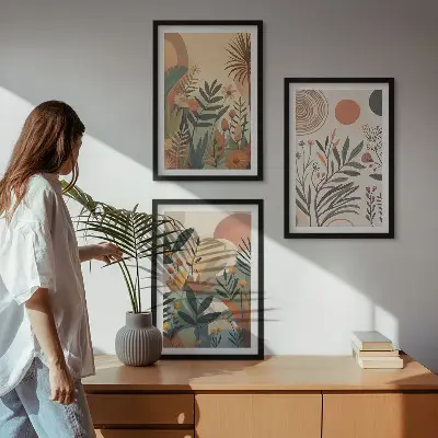 Juego de 3 cuadros con motivos vegetales en colores apagados