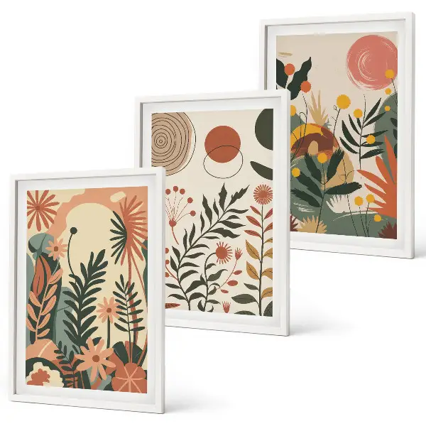 Set de 3 cuadros para salón con patrones de plantas vintage en tonos pastel