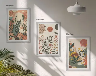 Set de 3 cuadros para salón con patrones de plantas vintage en tonos pastel