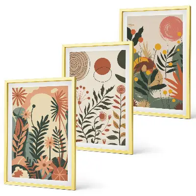 Set de 3 cuadros para salón con patrones de plantas vintage en tonos pastel