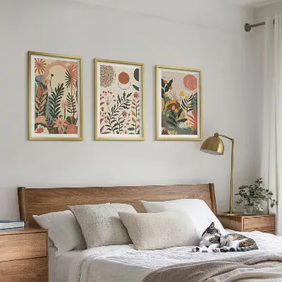 Set de 3 cuadros para salón con patrones de plantas vintage en tonos pastel