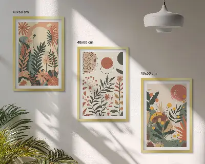 Set de 3 cuadros para salón con patrones de plantas vintage en tonos pastel