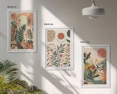Set de 3 cuadros para salón con patrones de plantas vintage en tonos pastel