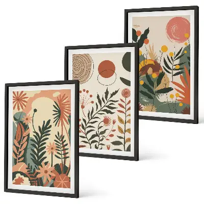 Set de 3 cuadros para salón con patrones de plantas vintage en tonos pastel