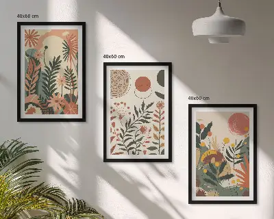 Set de 3 cuadros para salón con patrones de plantas vintage en tonos pastel