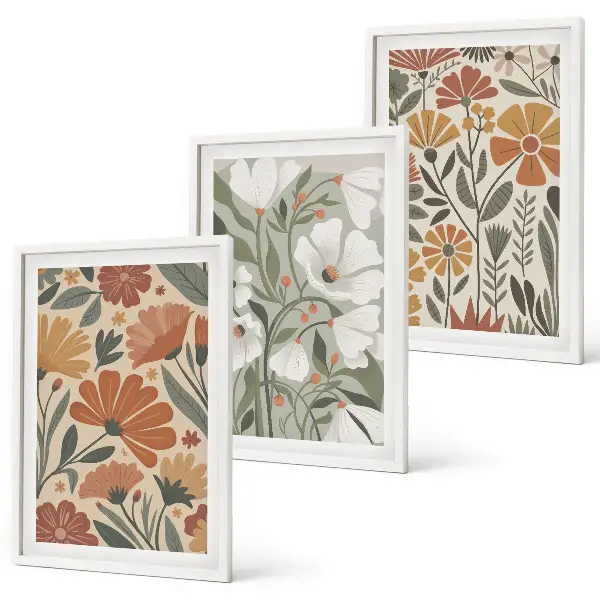 Set de 3 cuadros para salón con estampados florales en naranja y verde