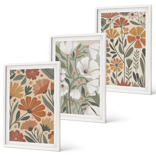 Set de 3 cuadros para salón Estampados florales en naranja y verde