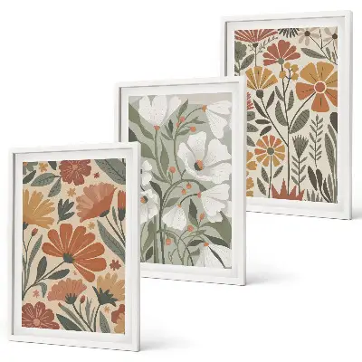 Set de 3 cuadros para salón con estampados florales en naranja y verde