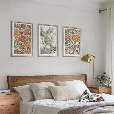 Set de 3 cuadros para salón con estampados florales en naranja y verde