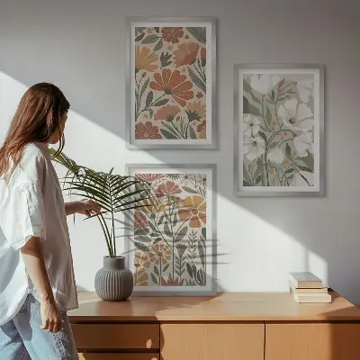 Set de 3 cuadros para salón con estampados florales en naranja y verde