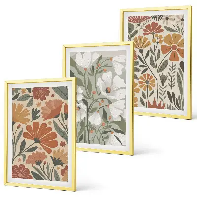 Set de 3 cuadros para salón con estampados florales en naranja y verde