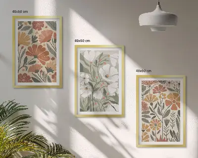 Set de 3 cuadros para salón con estampados florales en naranja y verde