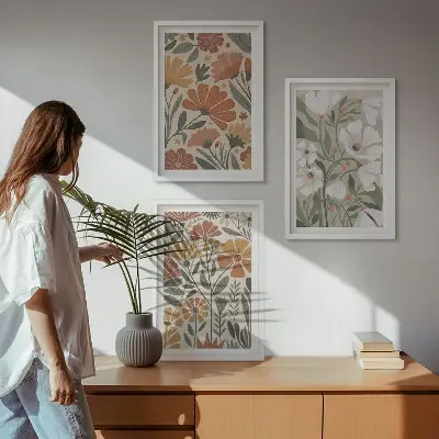 Set de 3 cuadros para salón con estampados florales en naranja y verde