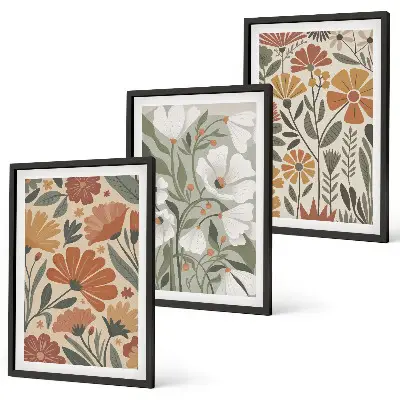 Set de 3 cuadros para salón con estampados florales en naranja y verde
