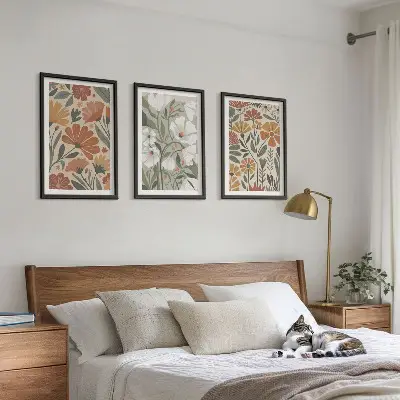 Set de 3 cuadros para salón con estampados florales en naranja y verde