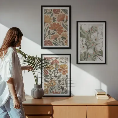 Set de 3 cuadros para salón con estampados florales en naranja y verde