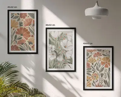 Set de 3 cuadros para salón con estampados florales en naranja y verde