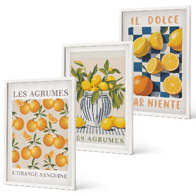 Set de 3 cuadros para salón Frutas cítricas amarillas retro