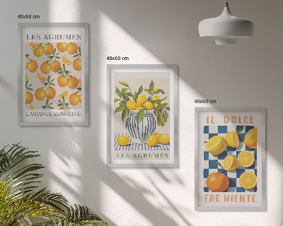 Set de 3 cuadros para salón Frutas cítricas amarillas retro