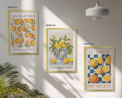 Set de 3 cuadros para salón Frutas cítricas amarillas retro