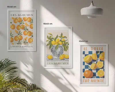 Set de 3 cuadros para salón con diseño de frutas cítricas amarillas estilo retro