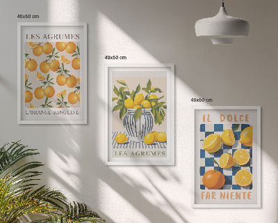Set de 3 cuadros para salón Frutas cítricas amarillas retro