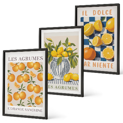 Set de 3 cuadros para salón Frutas cítricas amarillas retro