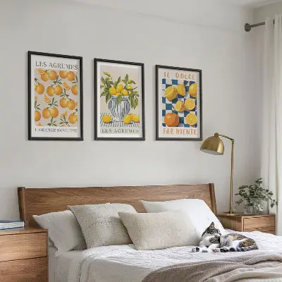 Set de 3 cuadros para salón con diseño de frutas cítricas amarillas estilo retro