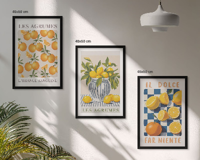 Set de 3 cuadros para salón Frutas cítricas amarillas retro