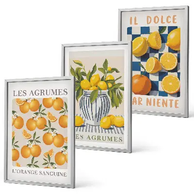 Set de 3 cuadros para salón con diseño de frutas cítricas amarillas estilo retro