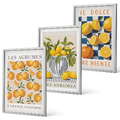 Set de 3 cuadros para salón Frutas cítricas amarillas retro