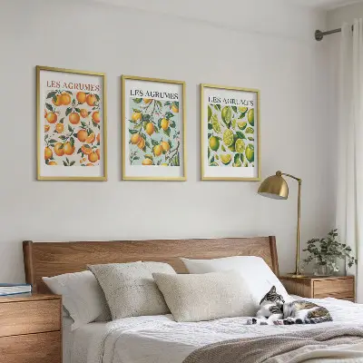 Juego de 3 cuadros con patrones de cítricos en tonos pastel