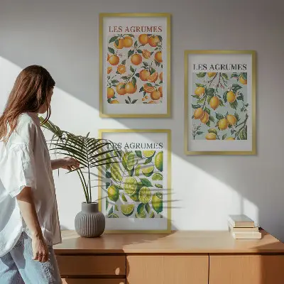 Juego de 3 cuadros con patrones de cítricos en tonos pastel