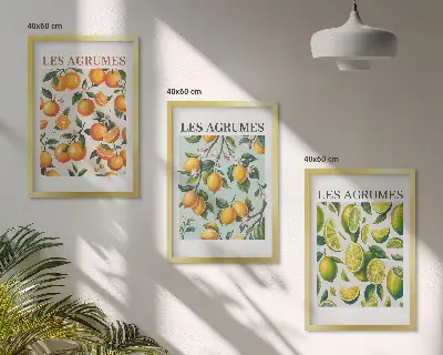 Juego de 3 cuadros con patrones de cítricos en tonos pastel