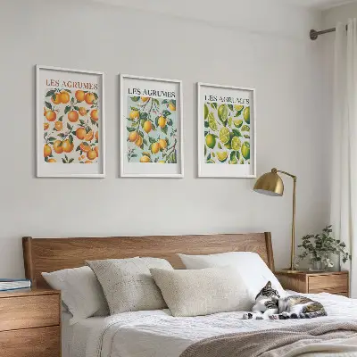 Juego de 3 cuadros con patrones de cítricos en tonos pastel
