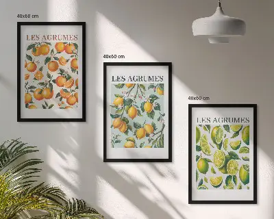 Juego de 3 cuadros con patrones de cítricos en tonos pastel