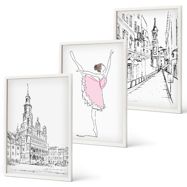 Set de 3 cuadros para salón Bailarinas elegantes y arquitectura