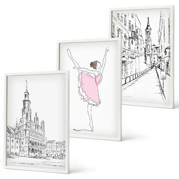 Set de 3 cuadros para salón con diseño de bailarinas elegantes y arquitectura