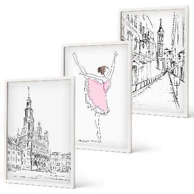 Set de 3 cuadros para salón Bailarinas elegantes y arquitectura