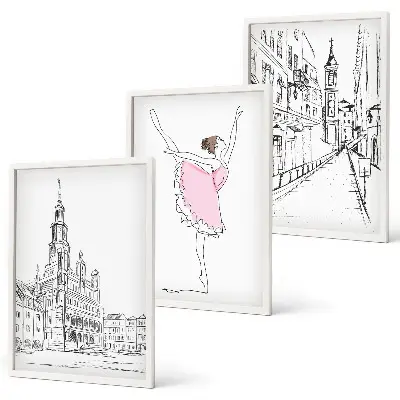 Set de 3 cuadros para salón con diseño de bailarinas elegantes y arquitectura
