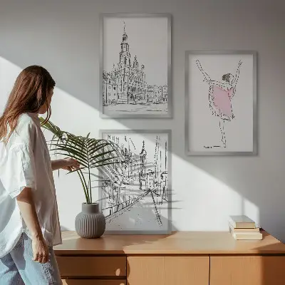 Set de 3 cuadros para salón con diseño de bailarinas elegantes y arquitectura