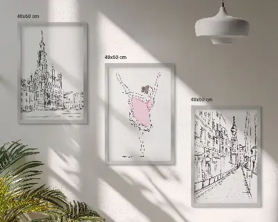 Set de 3 cuadros para salón con diseño de bailarinas elegantes y arquitectura